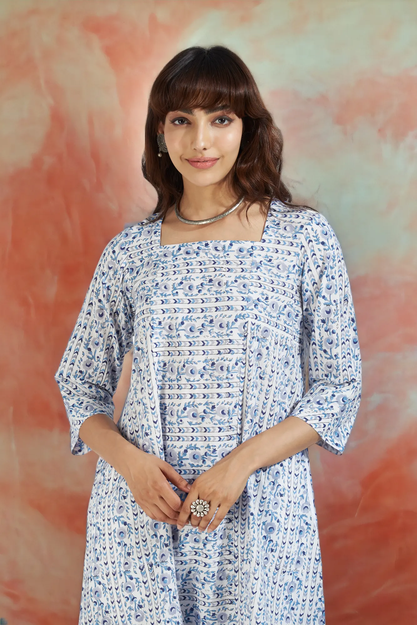 square neck paneled kurta - whispering skyline & azure bloom