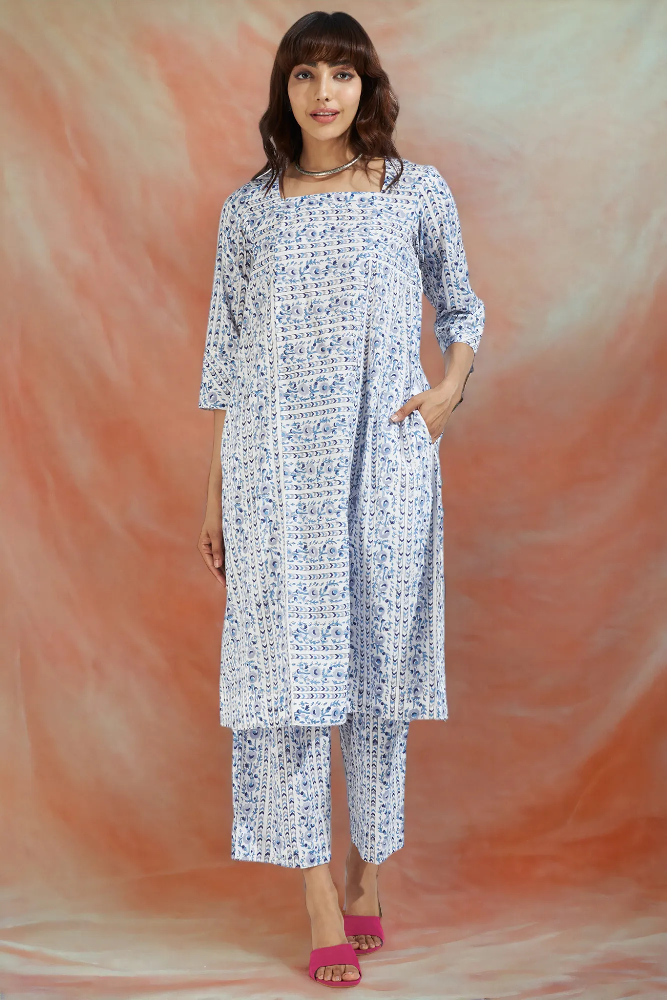 square neck paneled kurta - whispering skyline & azure bloom