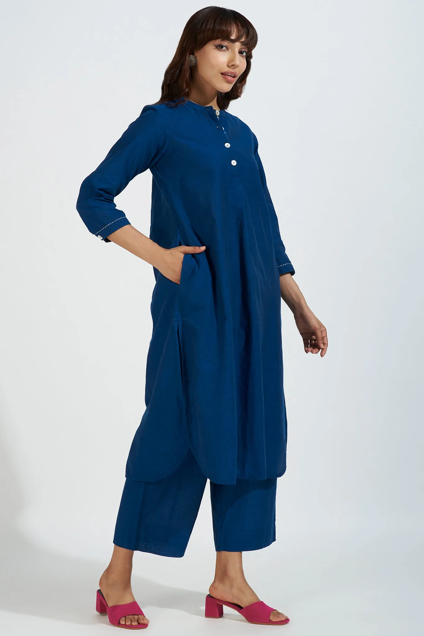 stand collar kurta with round hem - nautical nightfall & indigo hue