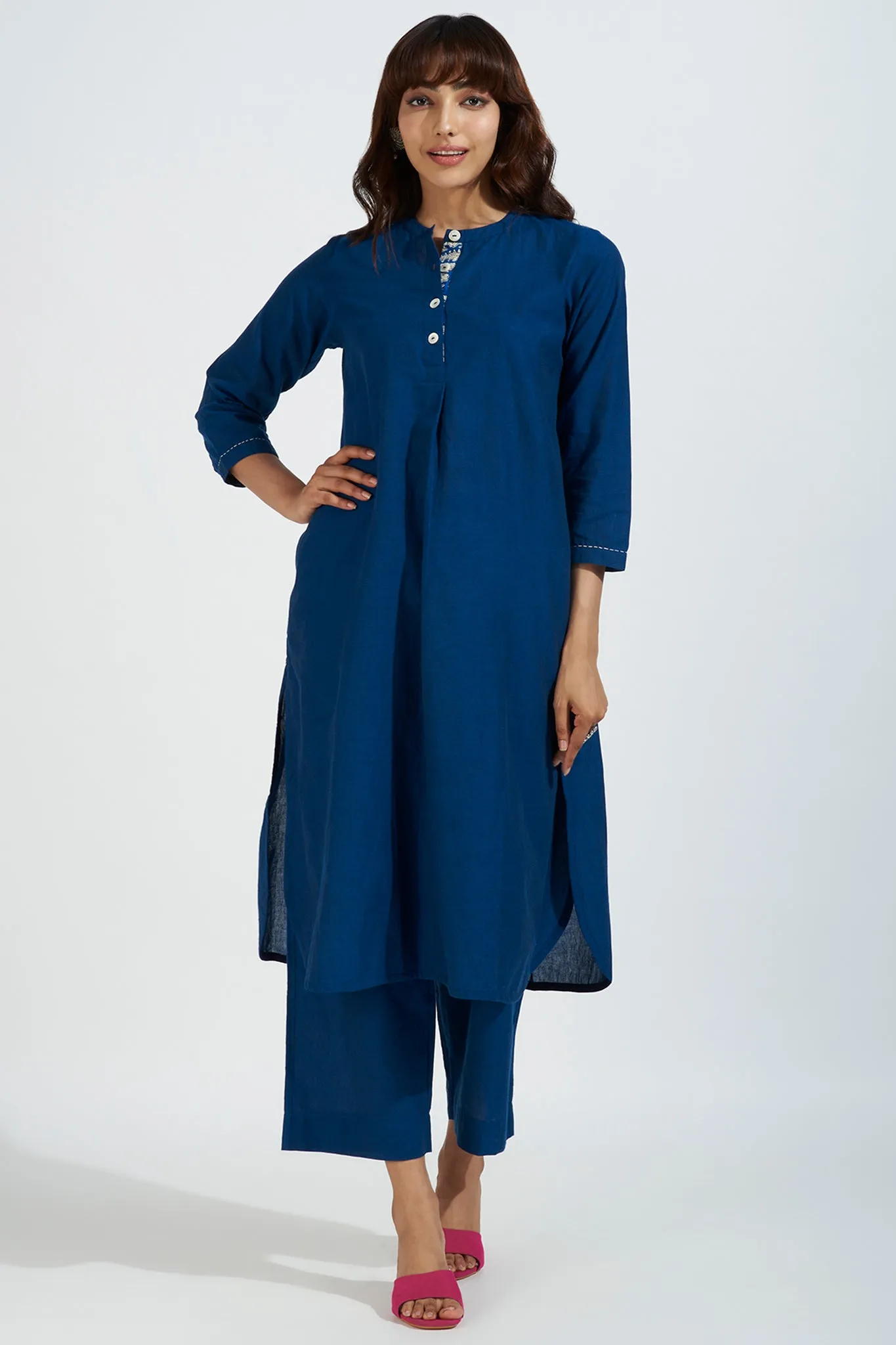 stand collar kurta with round hem - nautical nightfall & indigo hue