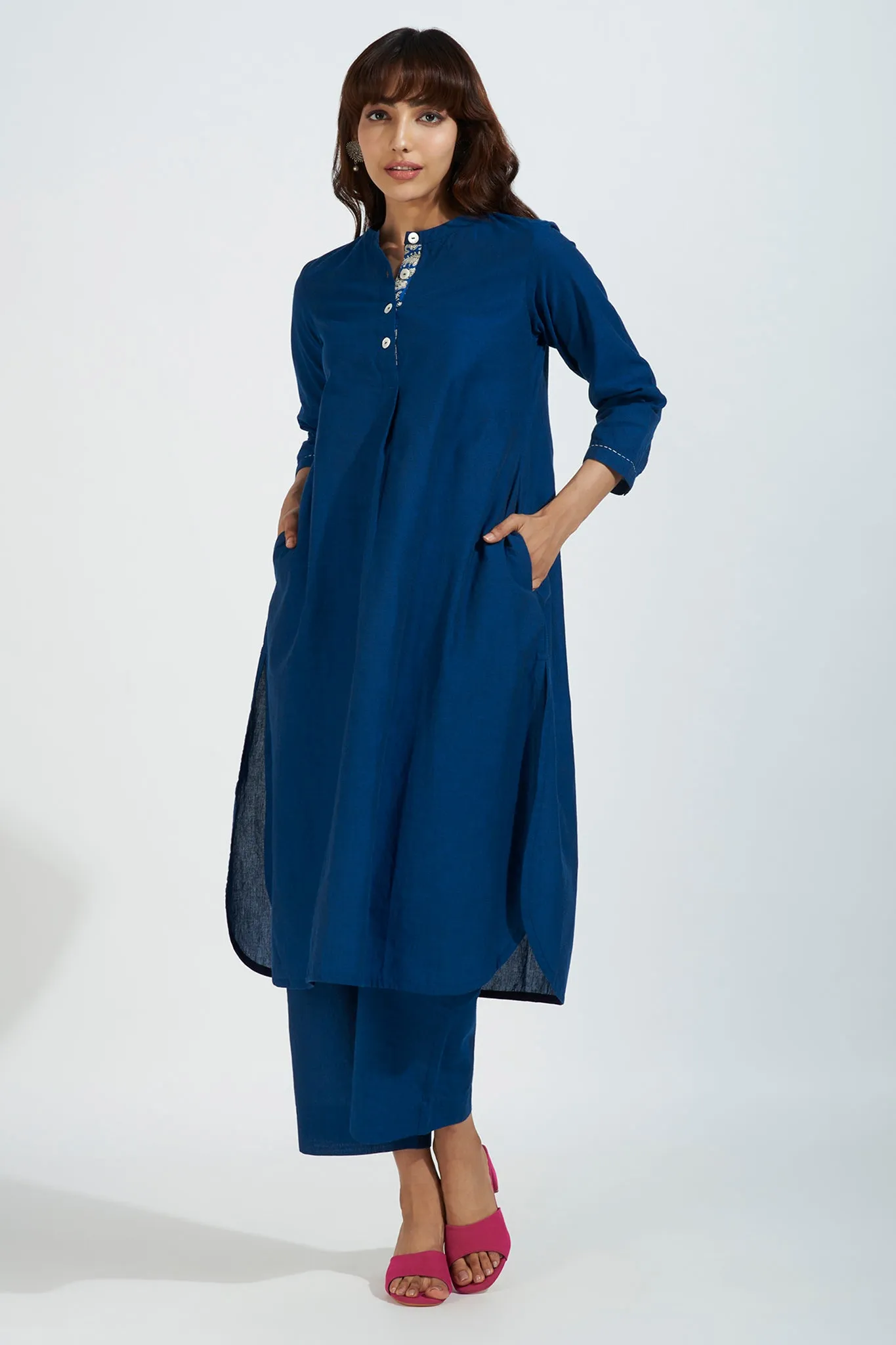 stand collar kurta with round hem - nautical nightfall & indigo hue