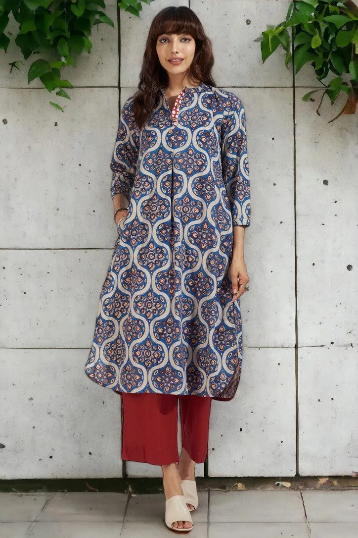 stand collar kurta with round hem - regal indigo & vintage opulence