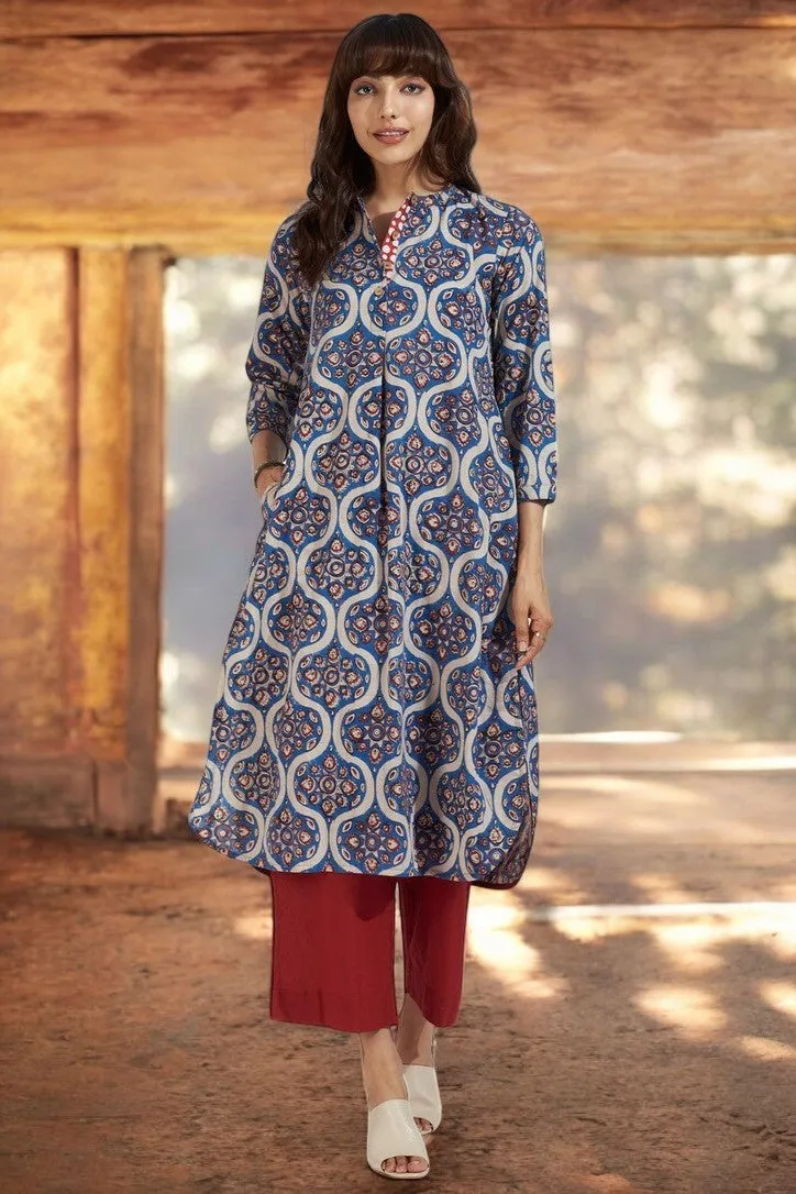 stand collar kurta with round hem - regal indigo & vintage opulence