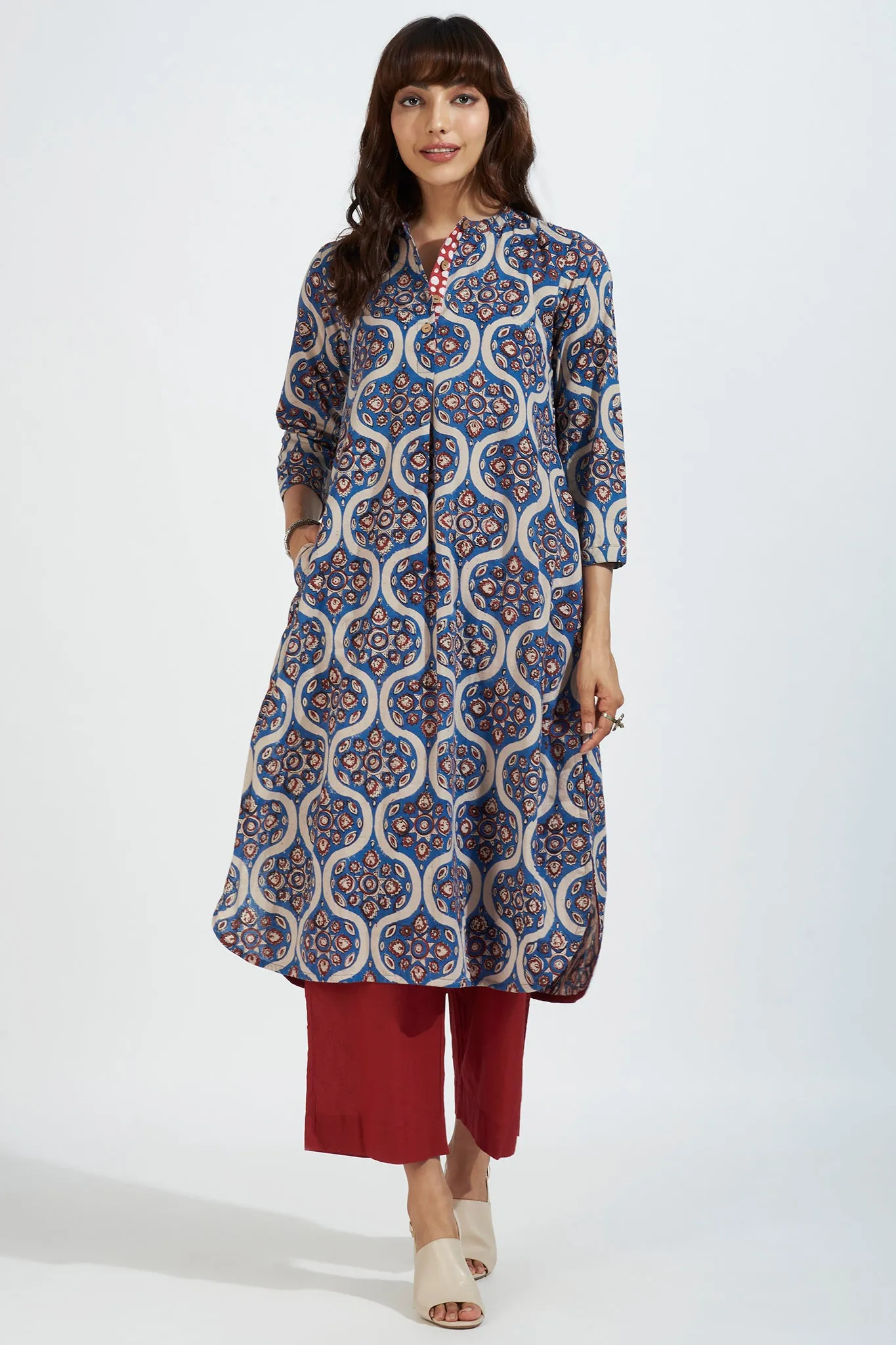 stand collar kurta with round hem - regal indigo & vintage opulence