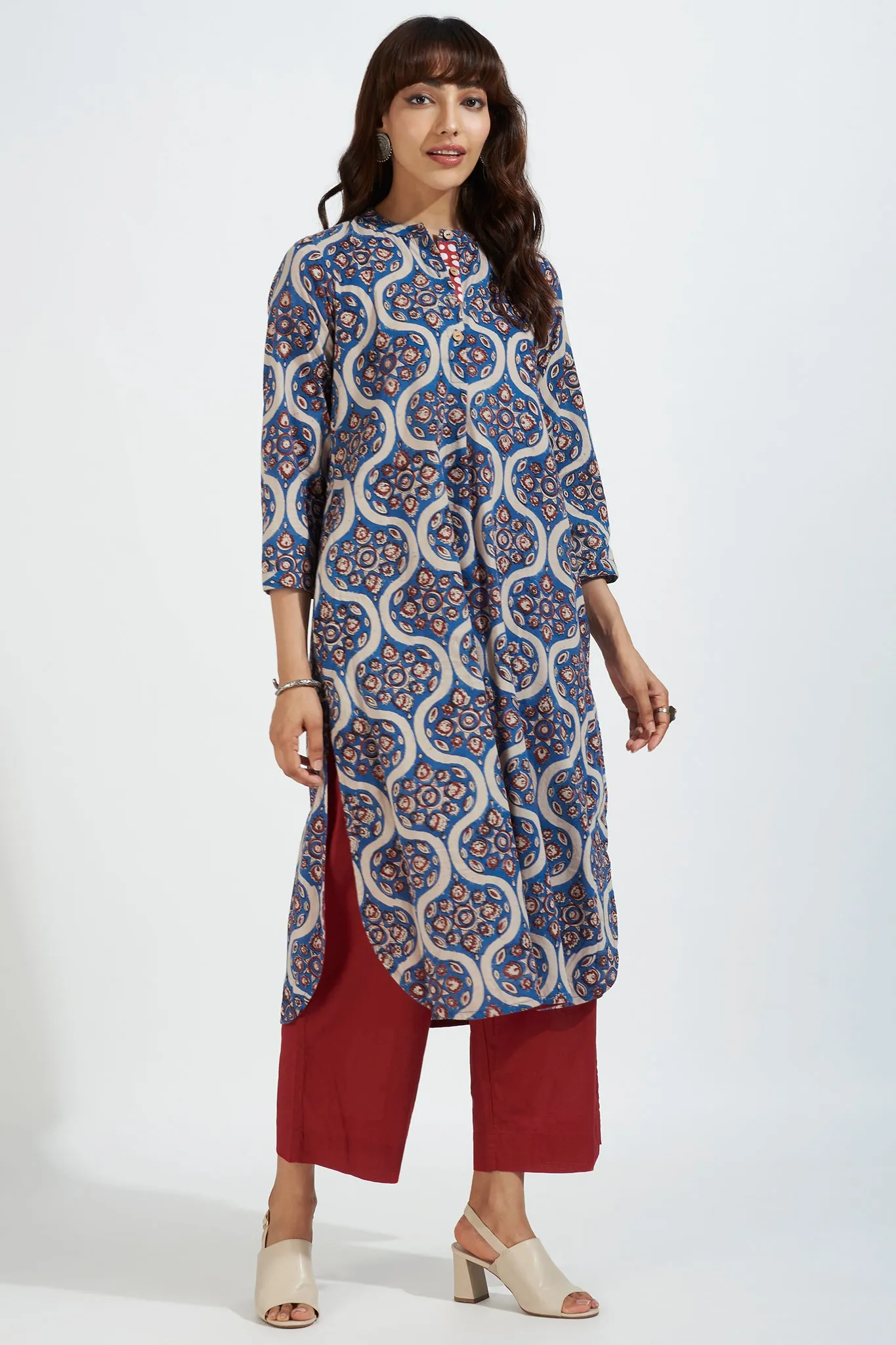 stand collar kurta with round hem - regal indigo & vintage opulence