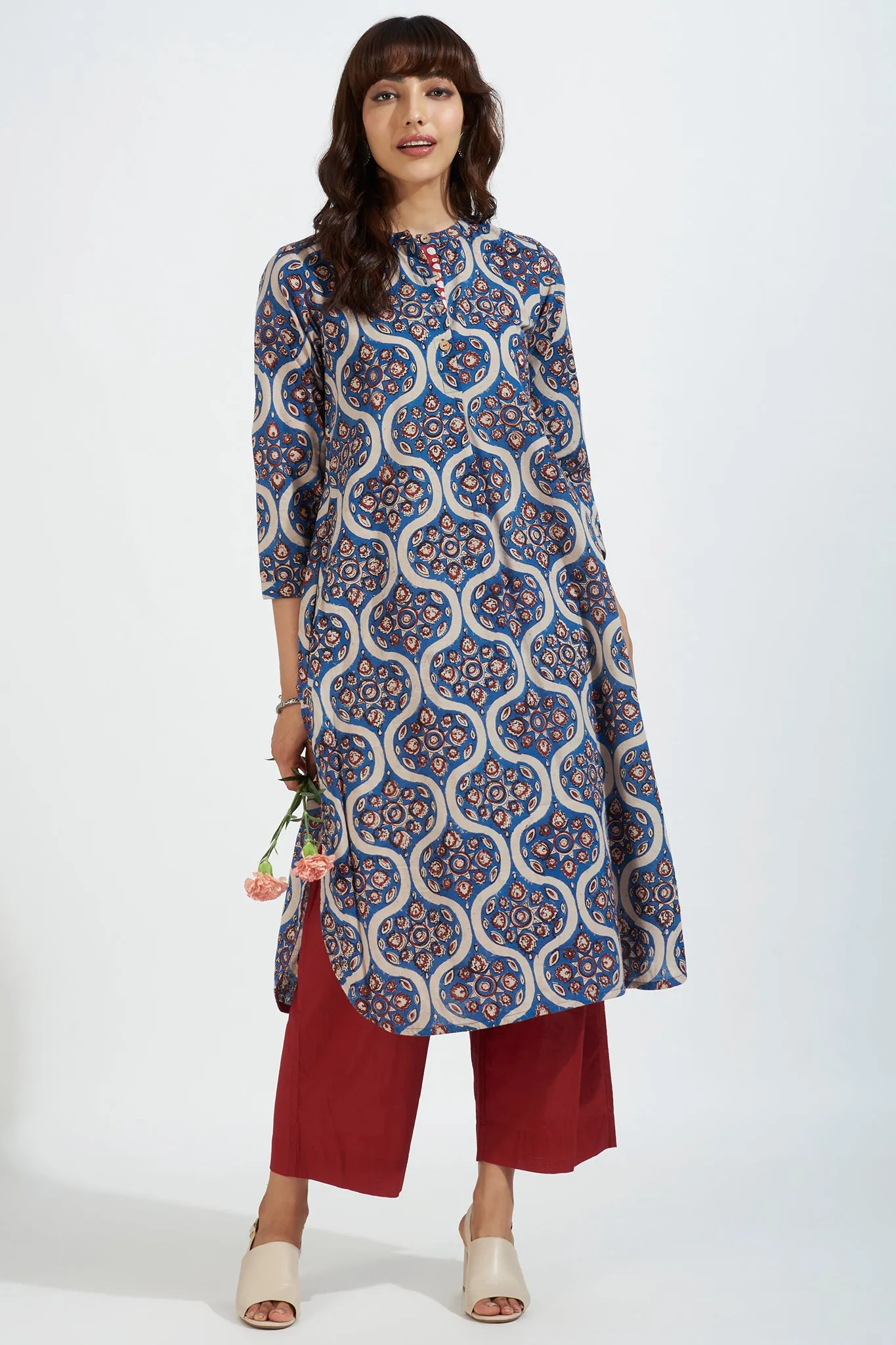 stand collar kurta with round hem - regal indigo & vintage opulence