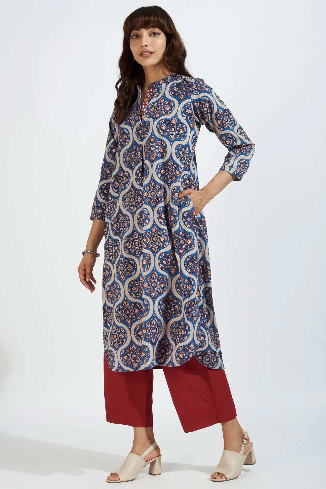 stand collar kurta with round hem - regal indigo & vintage opulence