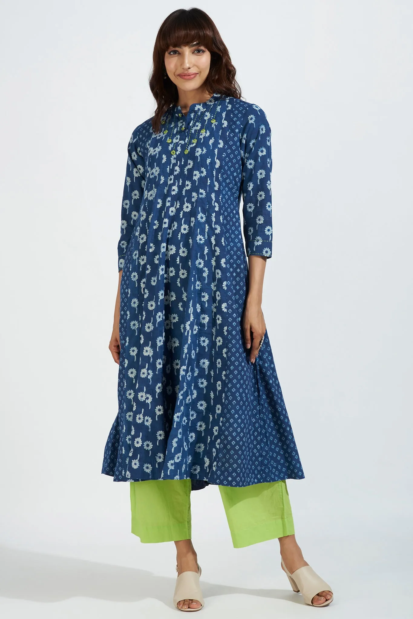 stand collar pintuck yoke anarkali - sapphire poppy & chartreuse zing