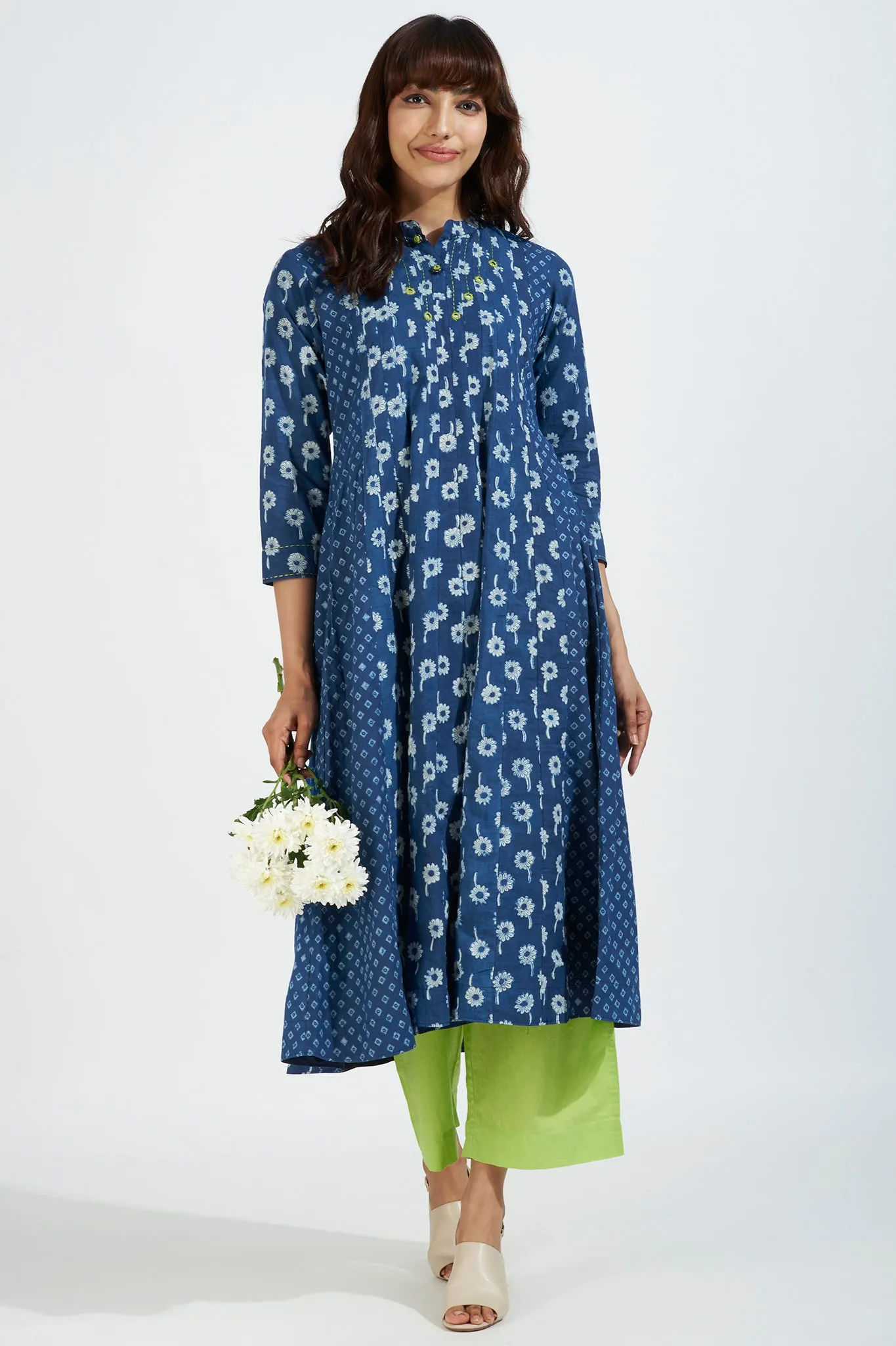 stand collar pintuck yoke anarkali - sapphire poppy & chartreuse zing