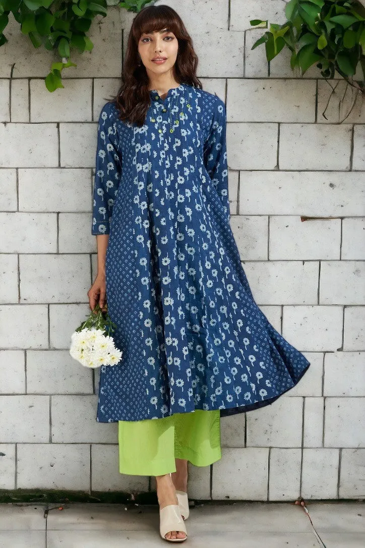 stand collar pintuck yoke anarkali - sapphire poppy & chartreuse zing