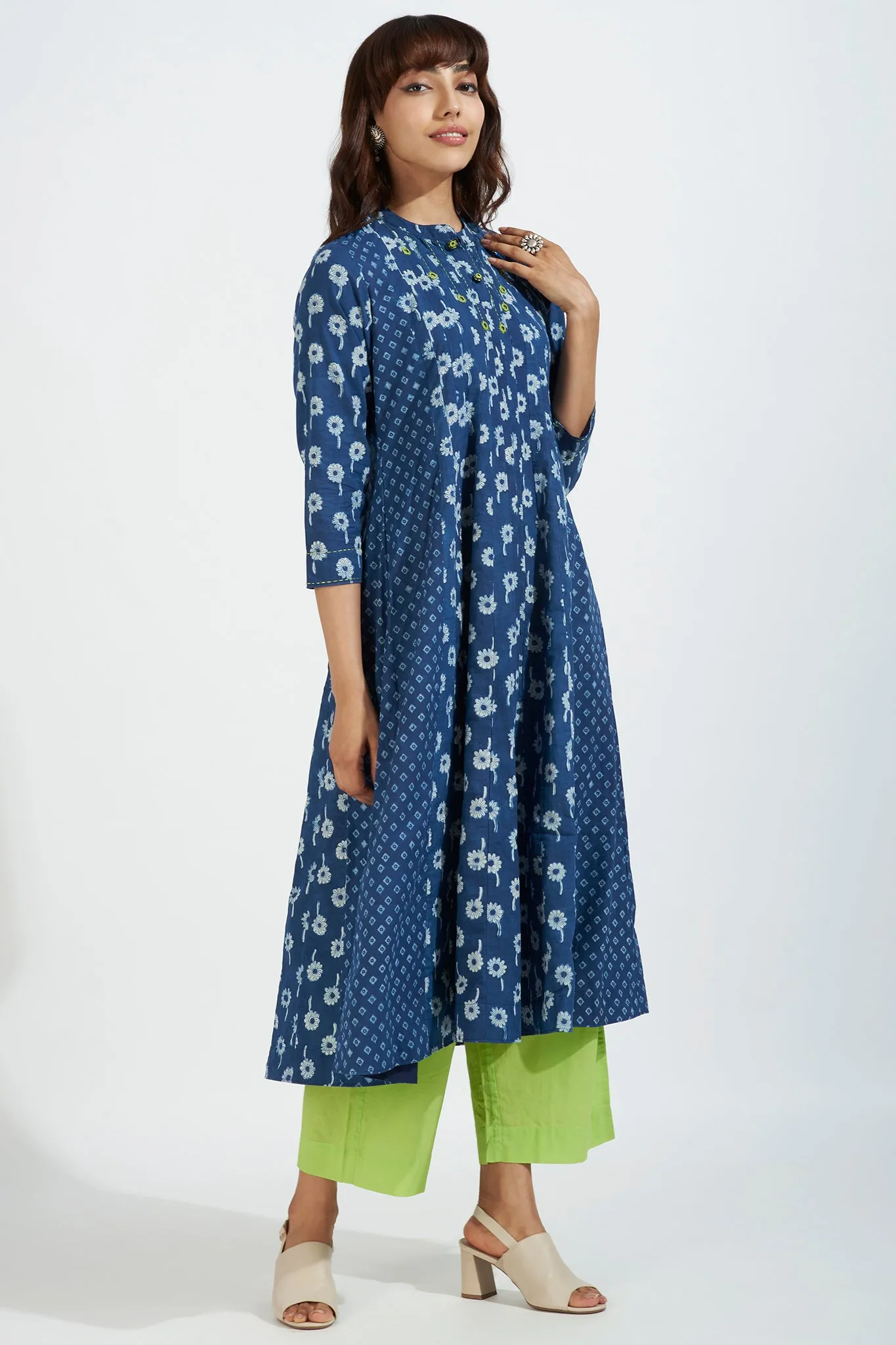 stand collar pintuck yoke anarkali - sapphire poppy & chartreuse zing