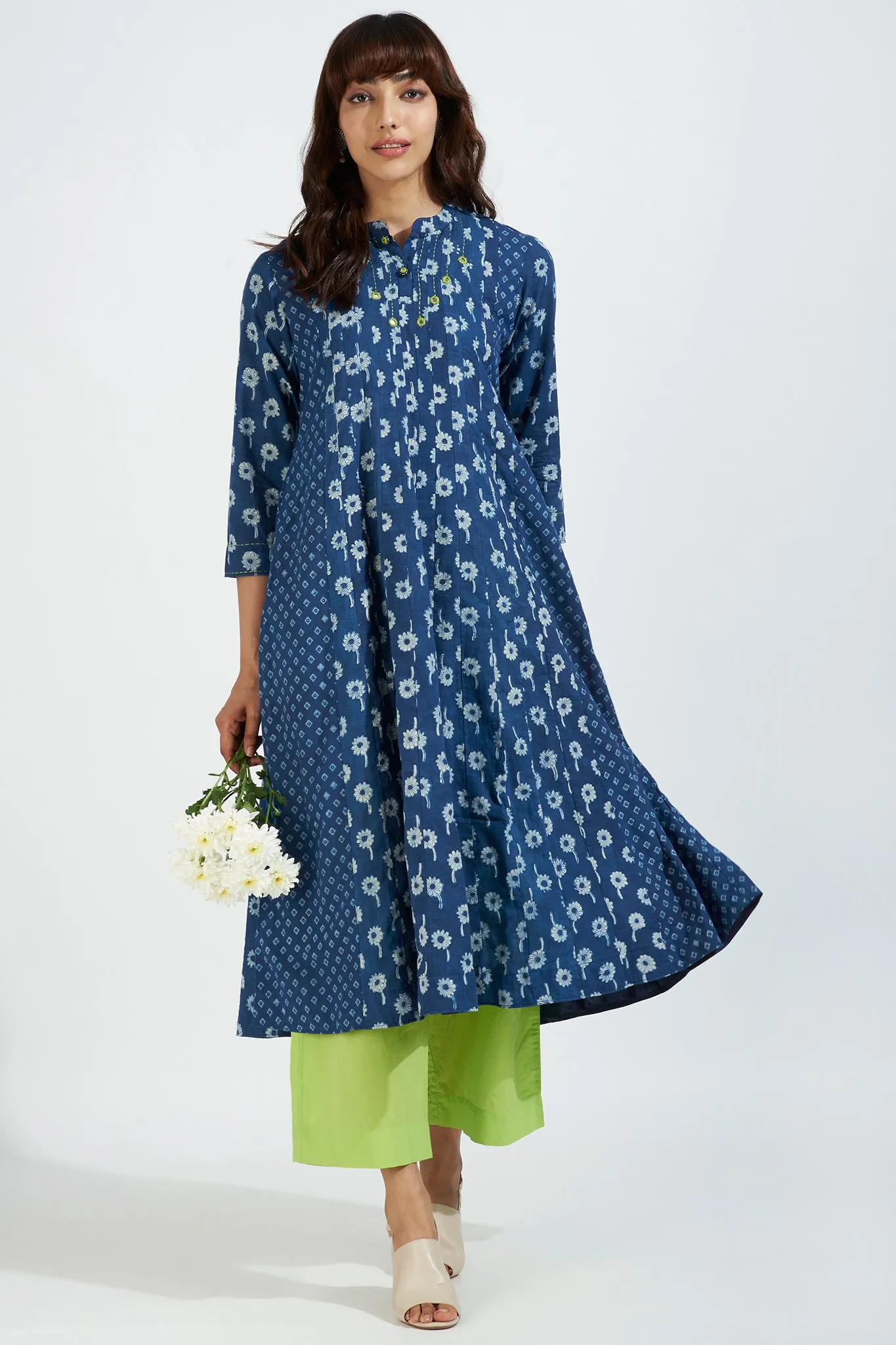 stand collar pintuck yoke anarkali - sapphire poppy & chartreuse zing