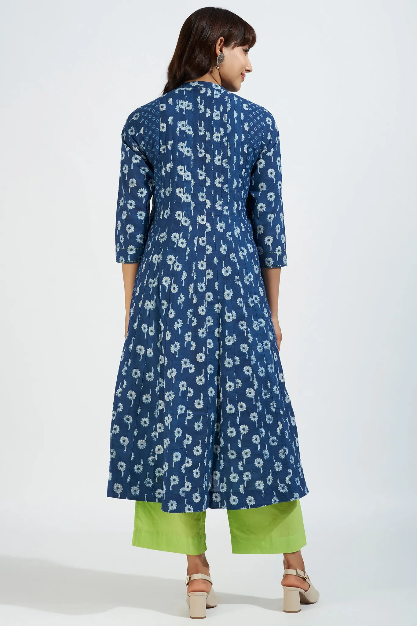 stand collar pintuck yoke anarkali - sapphire poppy & chartreuse zing