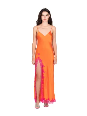 Tangerine Lace Applique High Slit Tea Length Slip