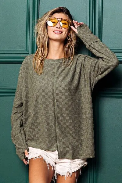 TEEK - Olive Checkered Thumbhole Long Sleeve Top