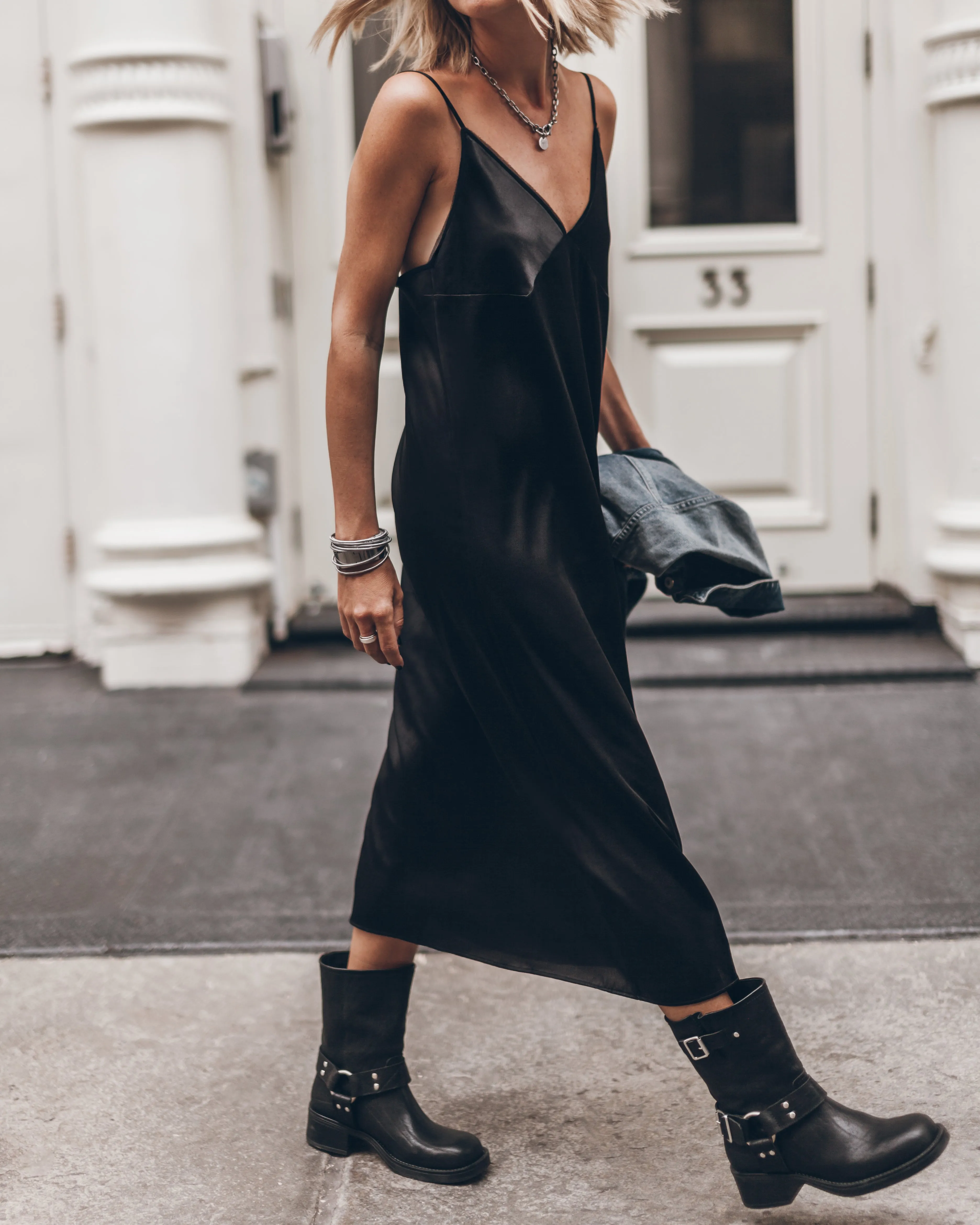 The Black Long Silk Slip Dress