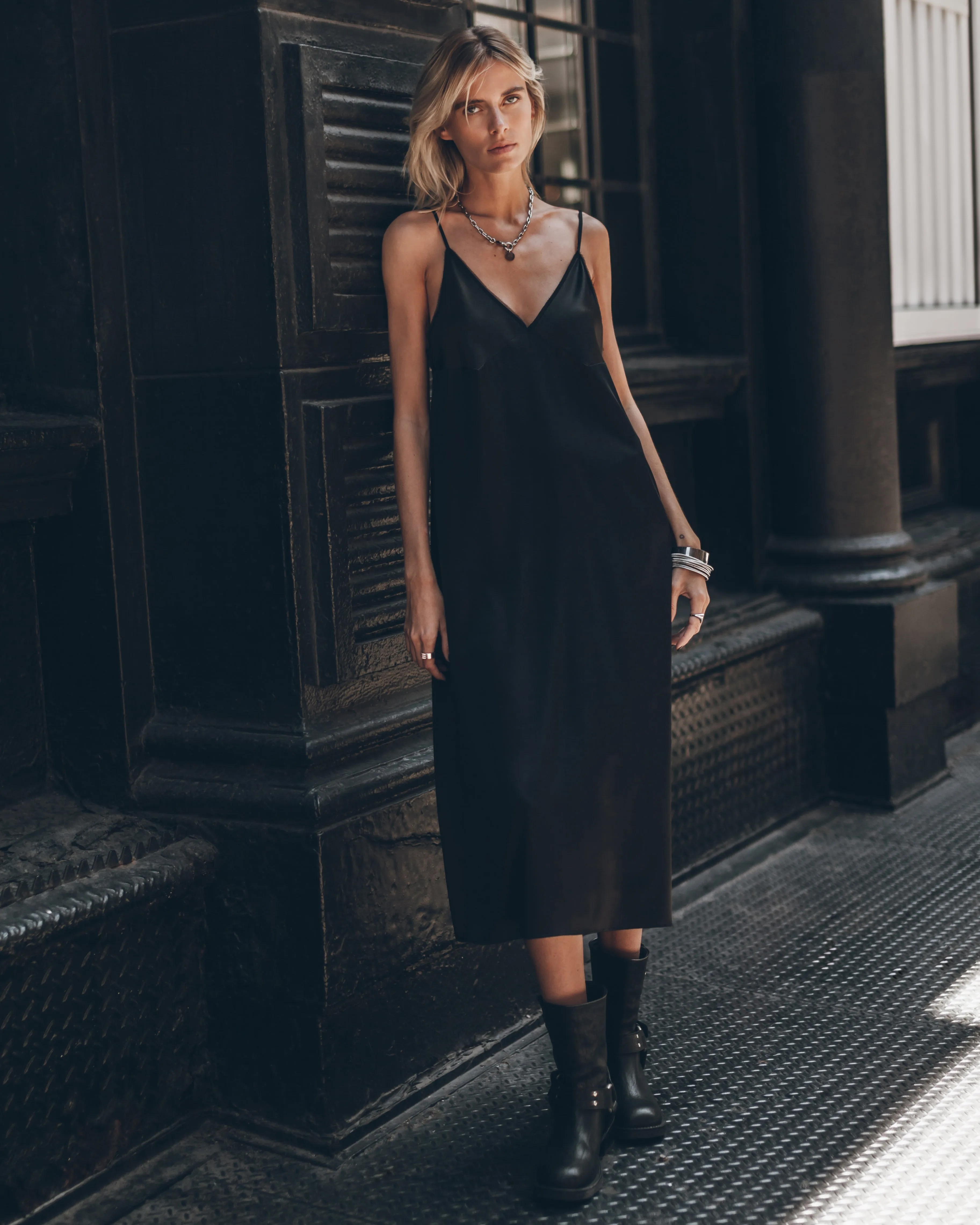 The Black Long Silk Slip Dress