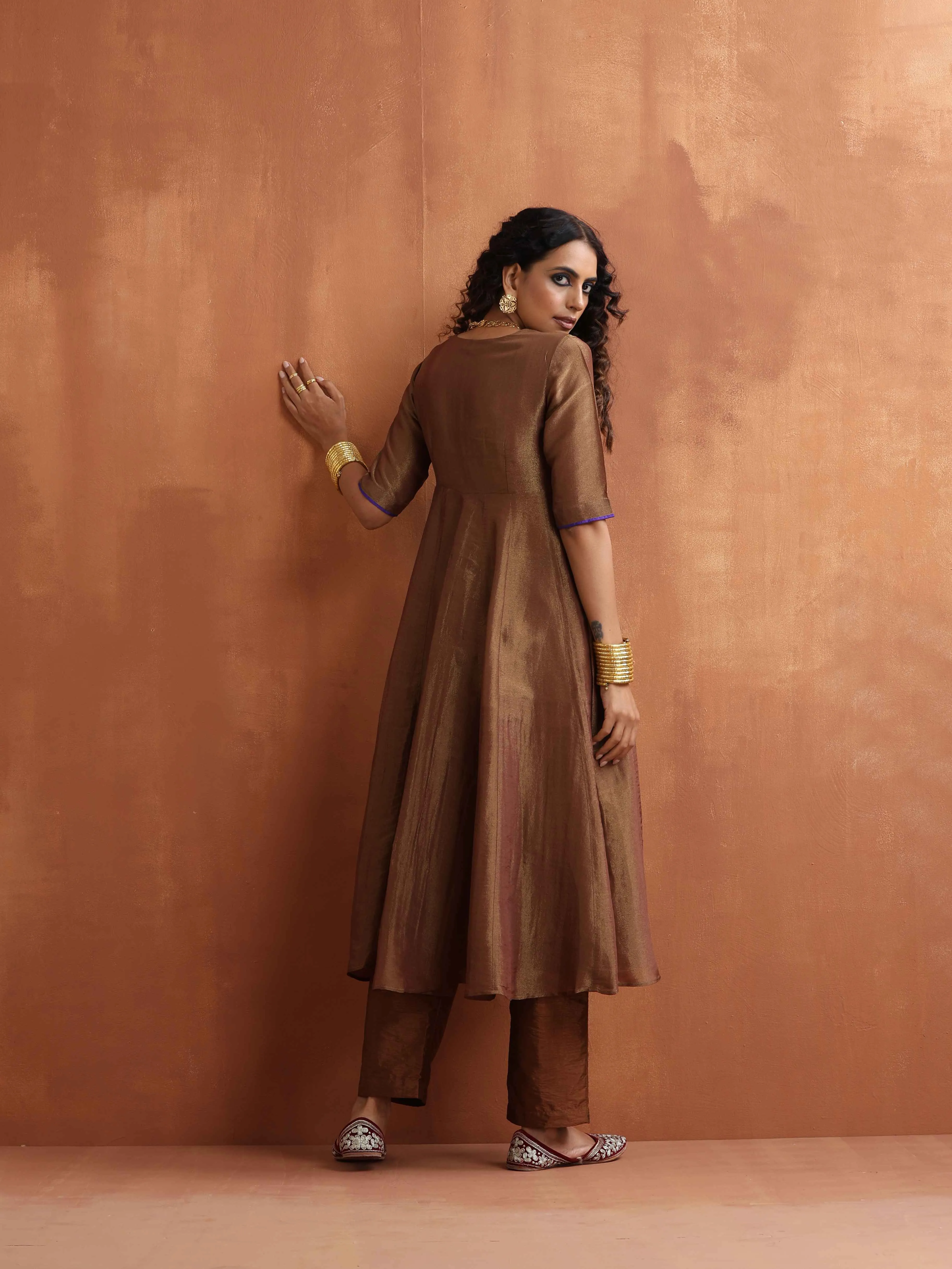 trueBrowns Bronze Tissue Flared Anarkali Kurta Set