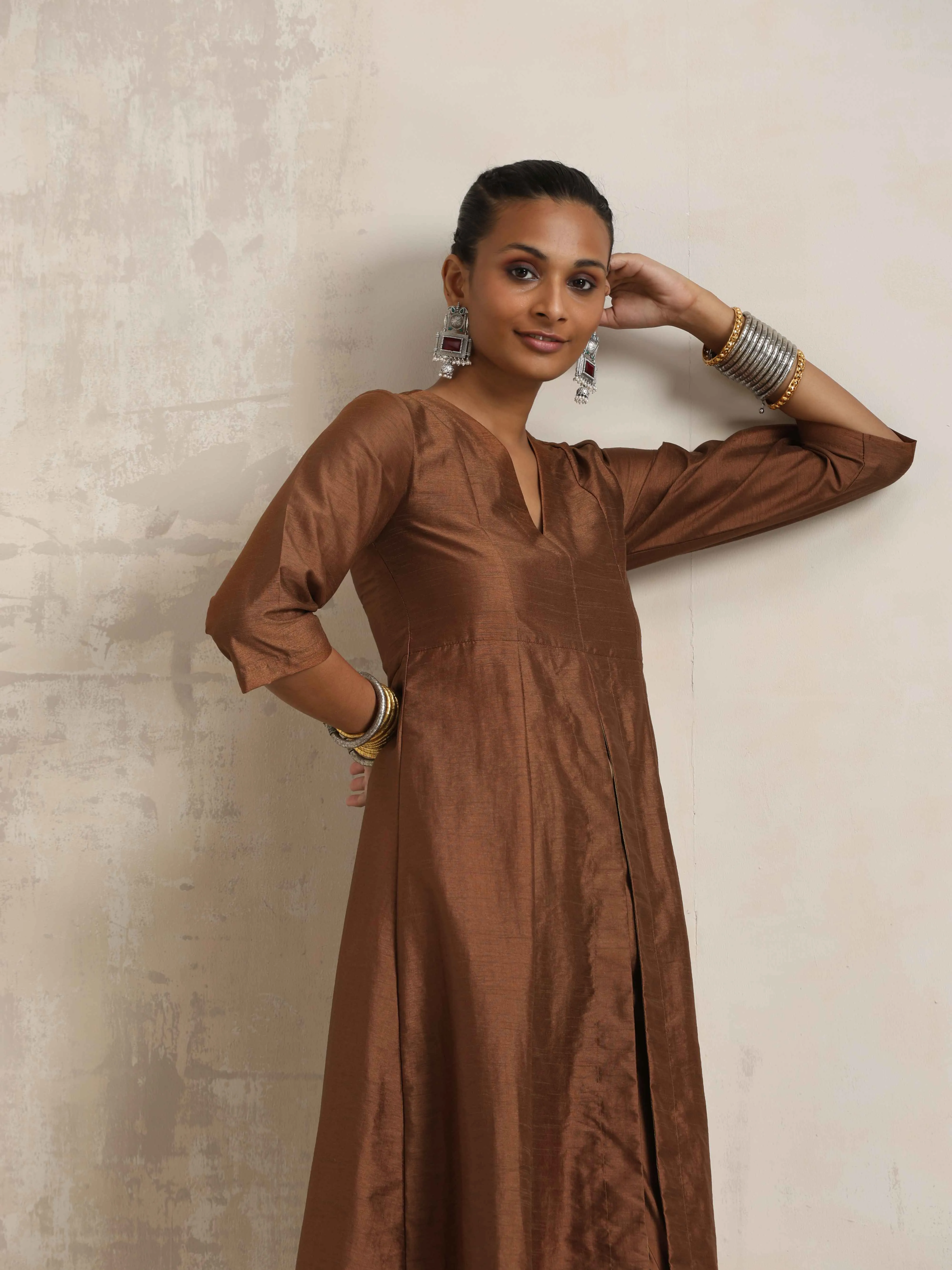 trueBrowns Brown Silk Slit Kurta Set