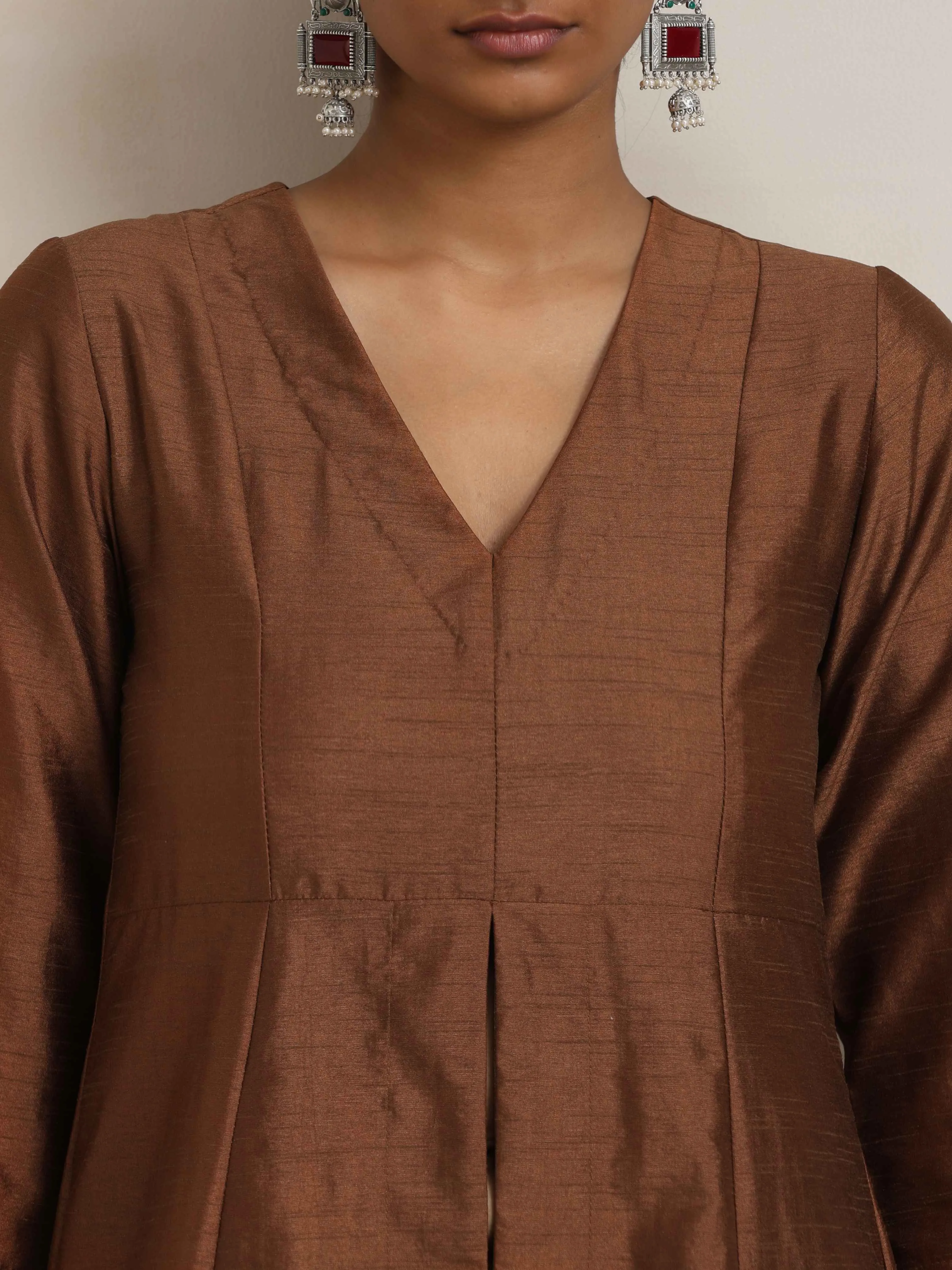 trueBrowns Brown Silk Slit Kurta Set