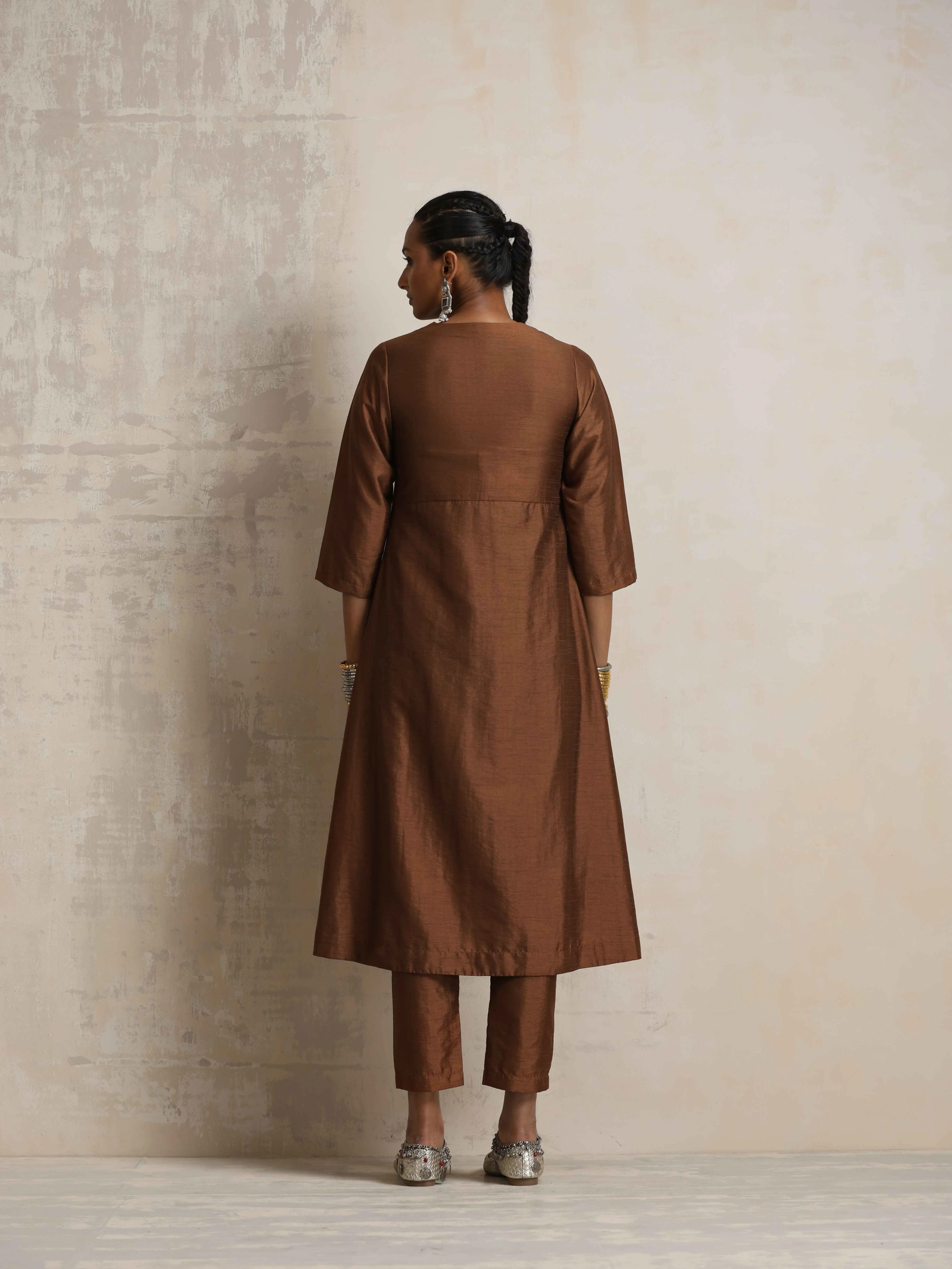 trueBrowns Brown Silk Slit Kurta Set