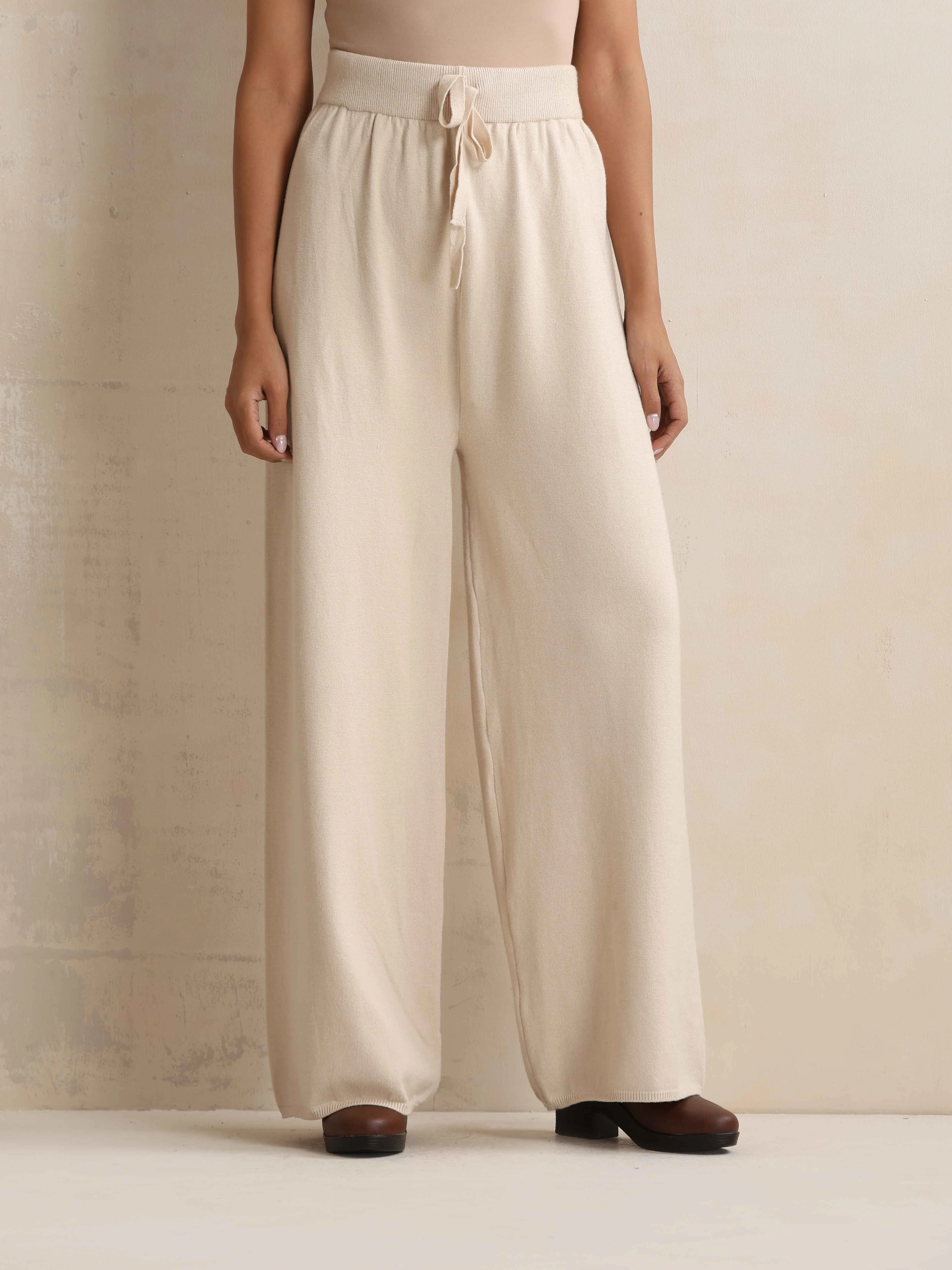 trueBrowns Ivory Woollen Flared Pants