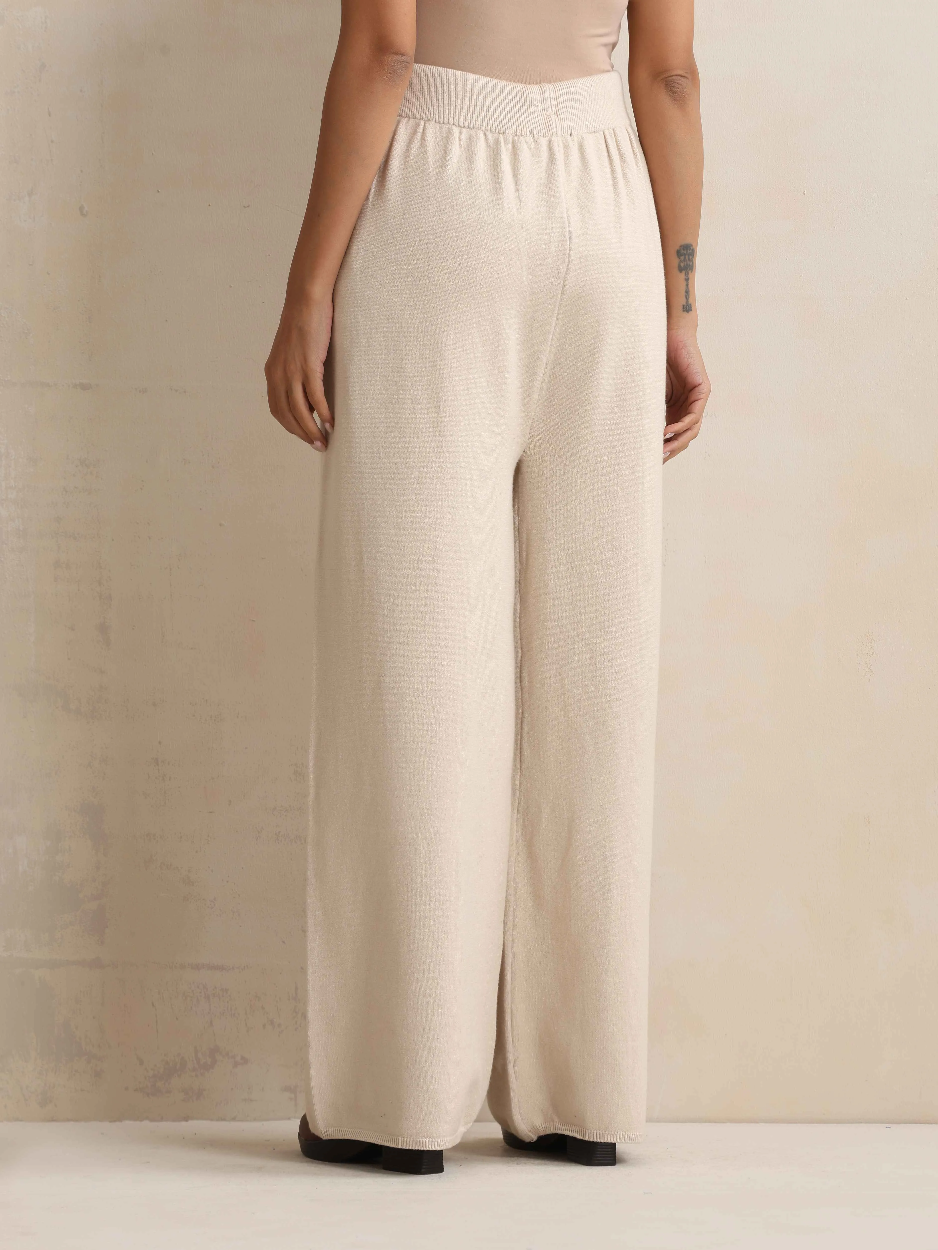 trueBrowns Ivory Woollen Flared Pants