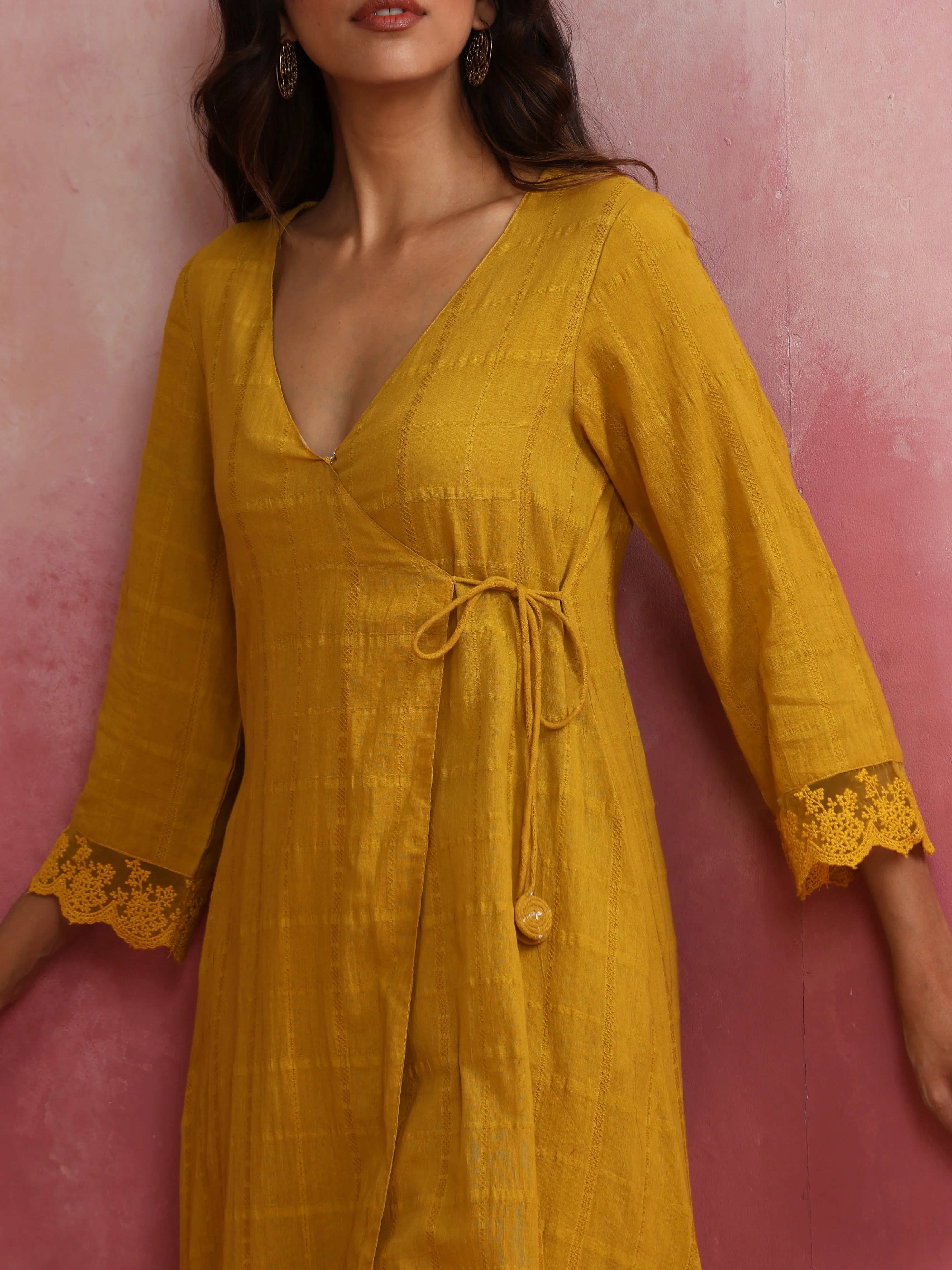 trueBrowns Mustard Cotton Dobby Kurta Set