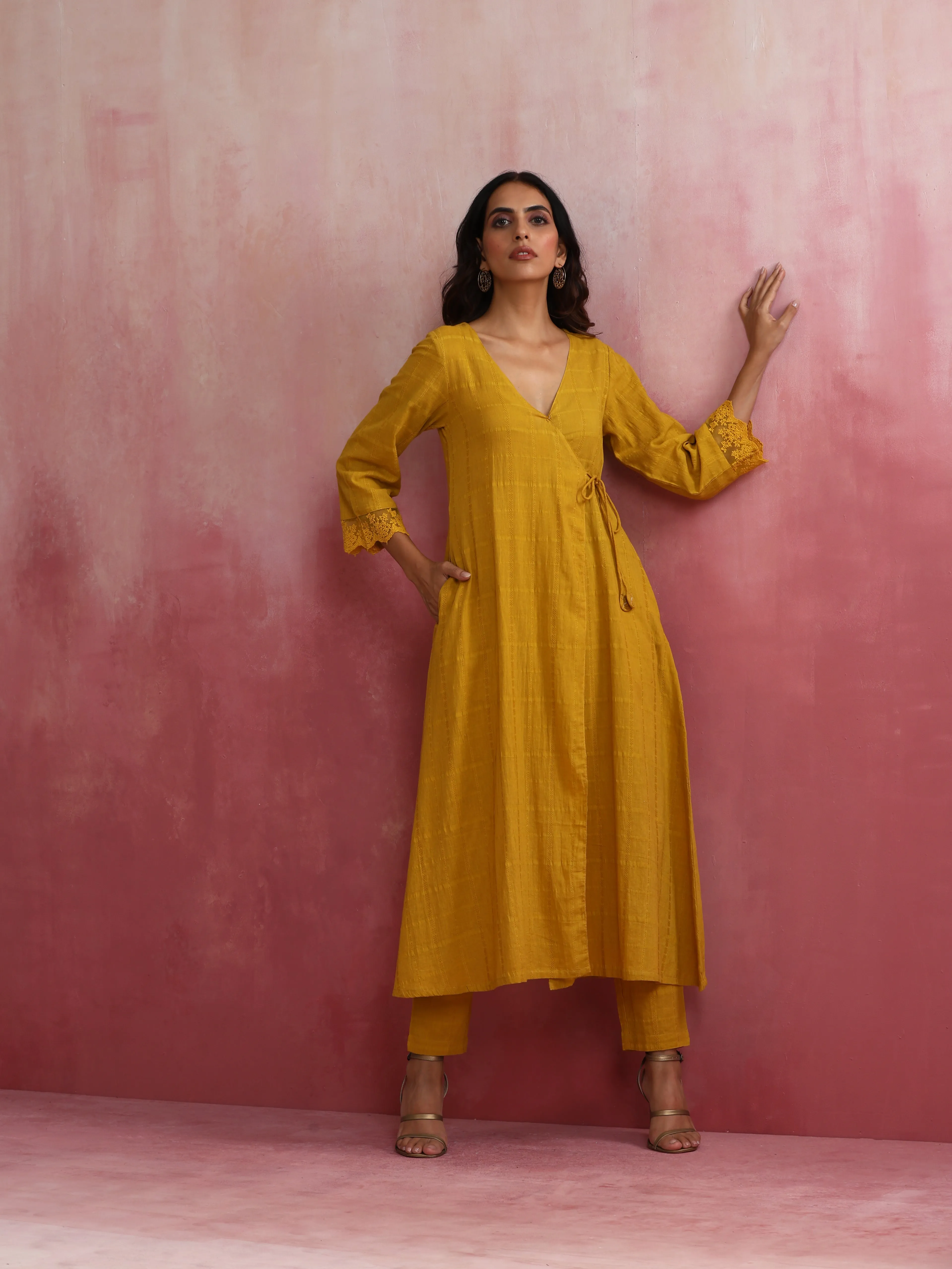 trueBrowns Mustard Cotton Dobby Kurta Set