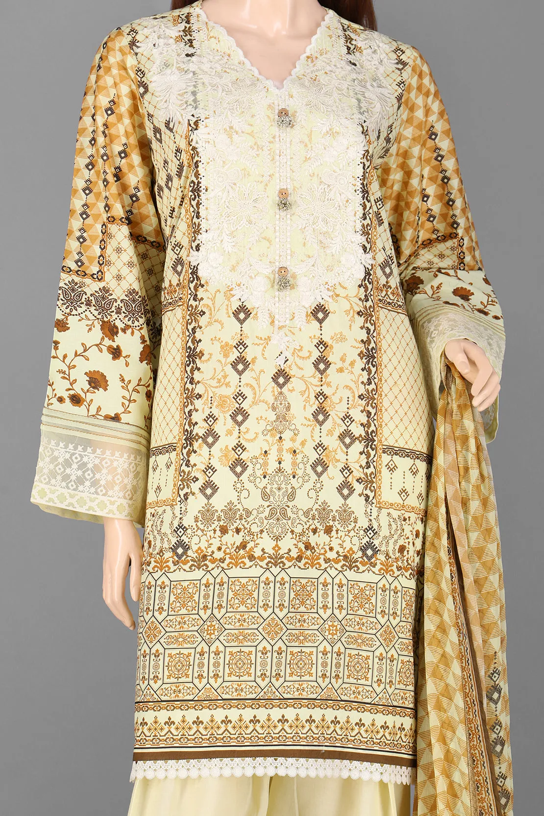 Unstitched Printed Embroidered Lawn 3 Piece With Chiffon Dupatta