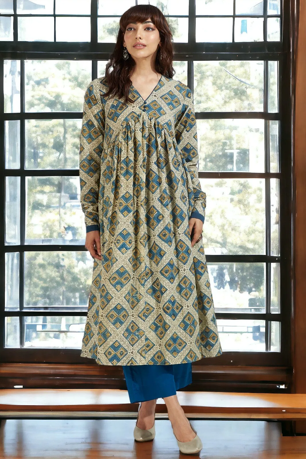 v-neck gather anarkali with chudidar sleeves -  whispering winds & indigo dreamscape