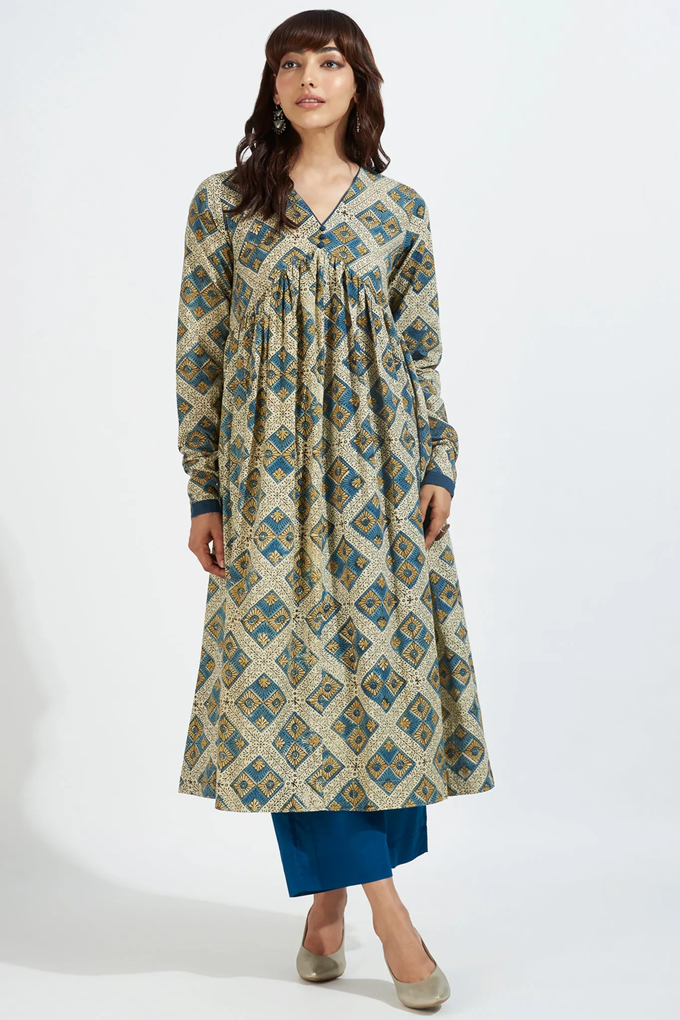 v-neck gather anarkali with chudidar sleeves -  whispering winds & indigo dreamscape