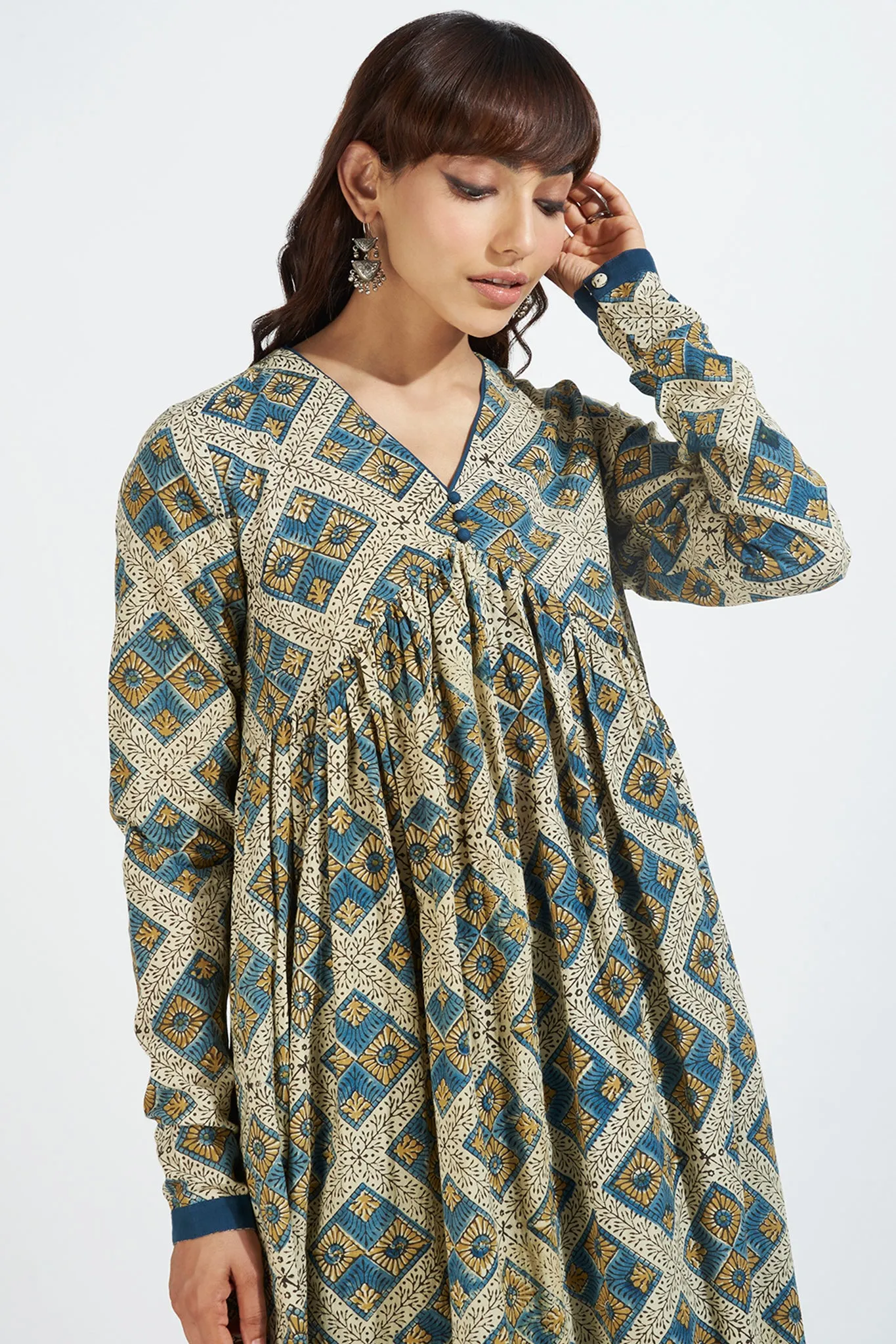 v-neck gather anarkali with chudidar sleeves -  whispering winds & indigo dreamscape