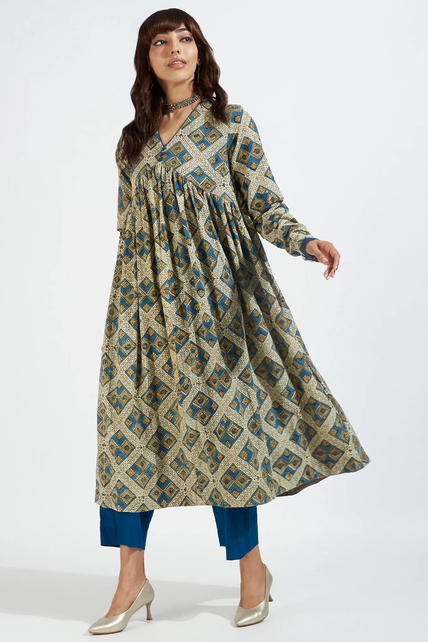 v-neck gather anarkali with chudidar sleeves -  whispering winds & indigo dreamscape