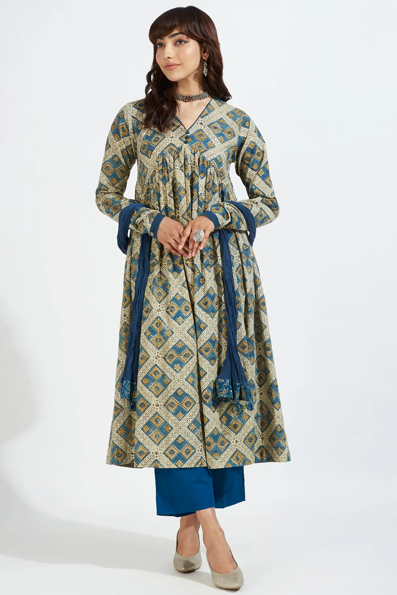 v-neck gather anarkali with chudidar sleeves -  whispering winds & indigo dreamscape