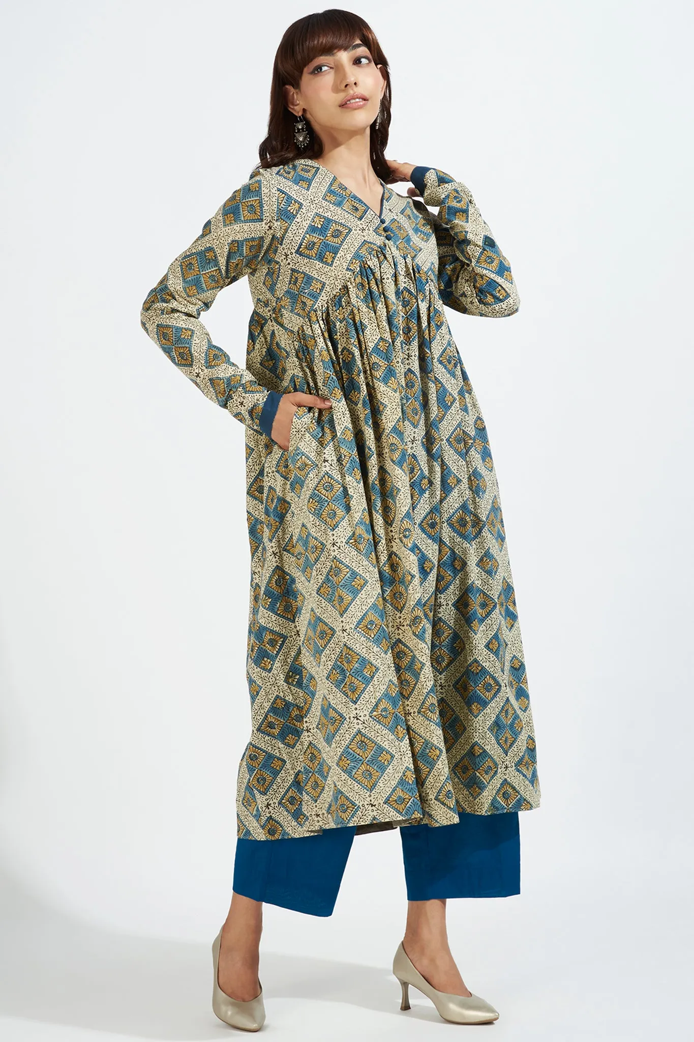 v-neck gather anarkali with chudidar sleeves -  whispering winds & indigo dreamscape