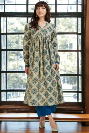 v-neck gather anarkali with chudidar sleeves -  whispering winds & indigo dreamscape