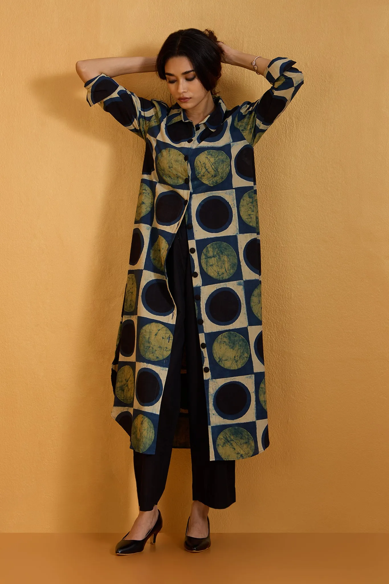 Vintage Indigo Gold Circles Long Shirt Dress