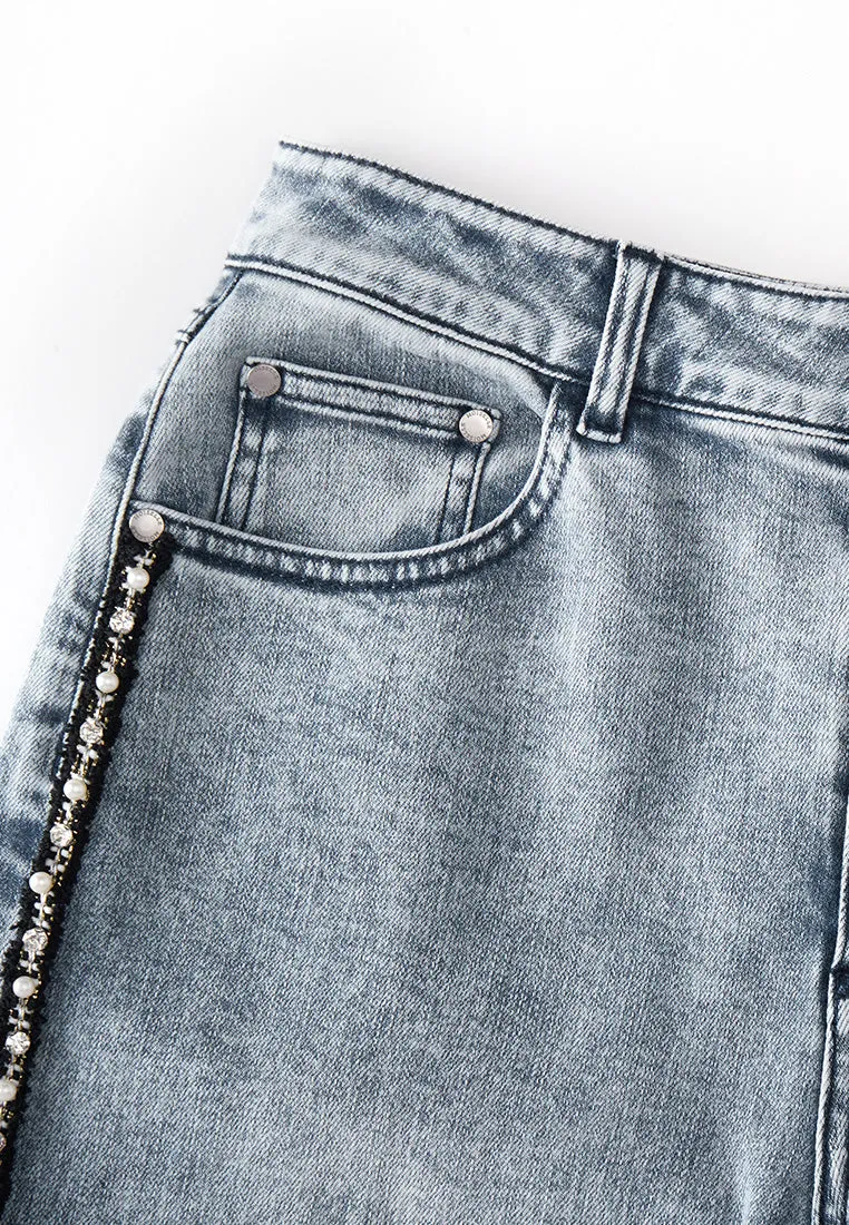 Washed Decorated-sideseam Flared Denim