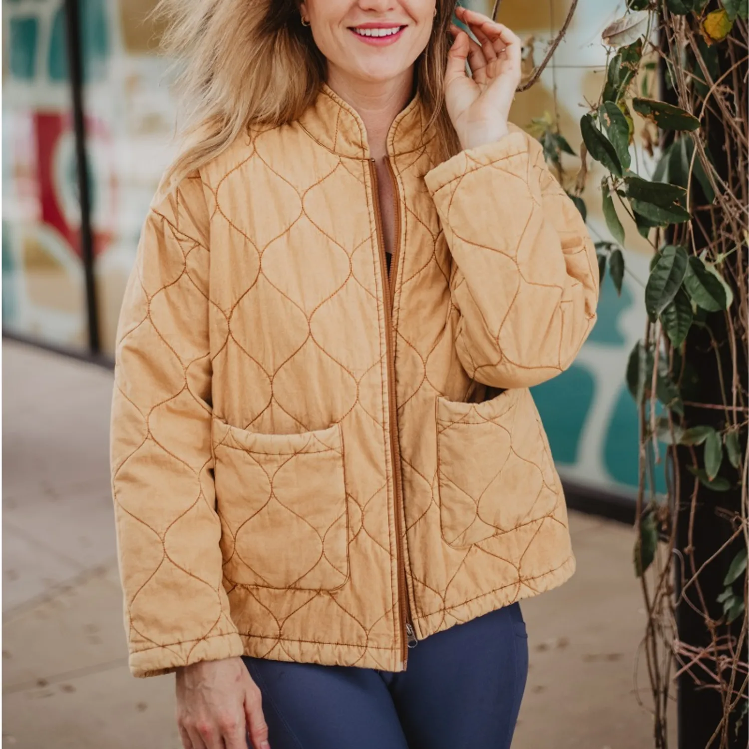 Washed Quilted Jacket with Front Pockets and Zipper Closure - Camel