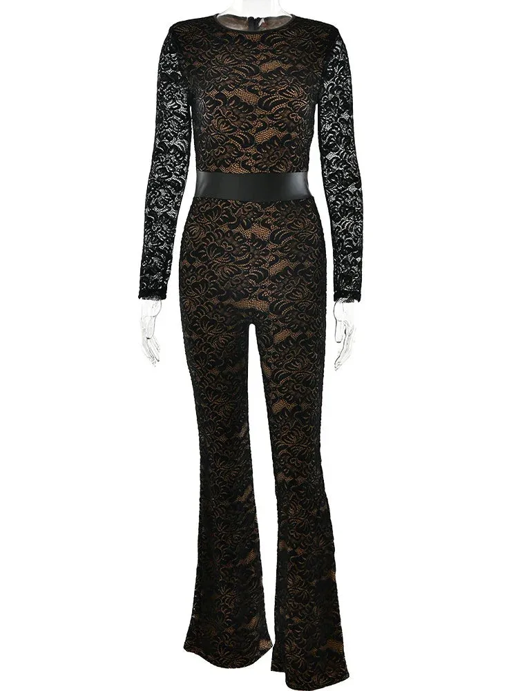 Wenkouban-Black Friday Christmas Party Outfits  Sexy See Through Double Layer Lace Women Jumpsuit Black Long Sleeve Round Neck Playsuit Female Skinny Party Club Outfit