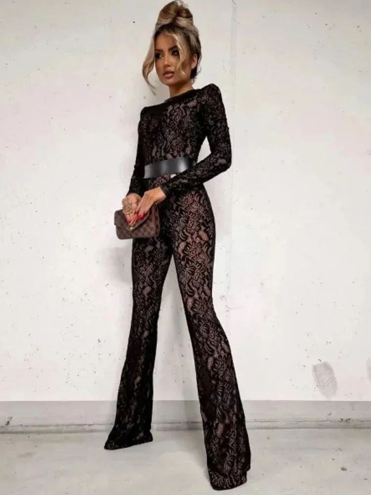 Wenkouban-Black Friday Christmas Party Outfits  Sexy See Through Double Layer Lace Women Jumpsuit Black Long Sleeve Round Neck Playsuit Female Skinny Party Club Outfit