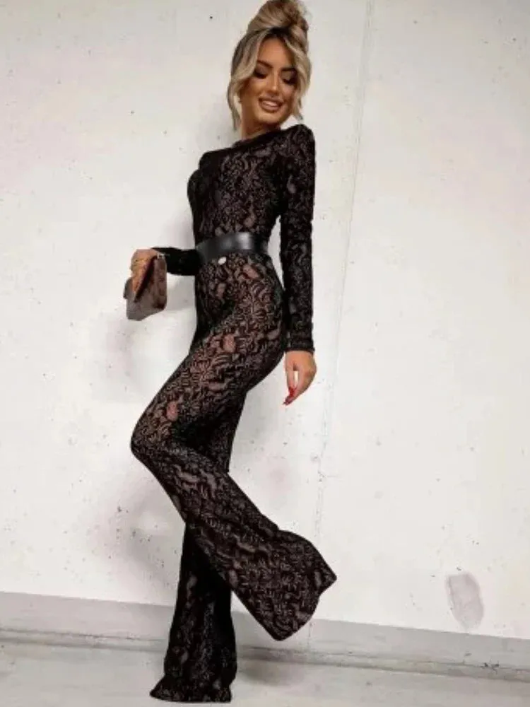 Wenkouban-Black Friday Christmas Party Outfits  Sexy See Through Double Layer Lace Women Jumpsuit Black Long Sleeve Round Neck Playsuit Female Skinny Party Club Outfit