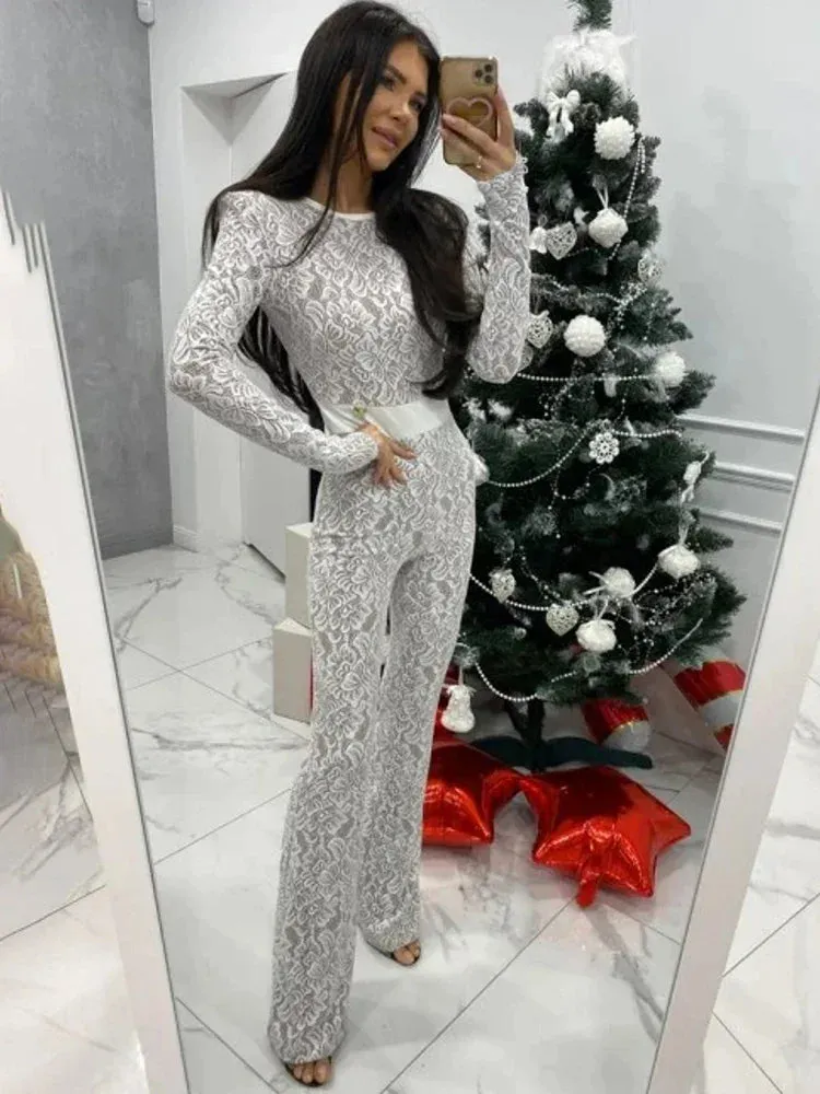 Wenkouban-Black Friday Christmas Party Outfits  Sexy See Through Double Layer Lace Women Jumpsuit Black Long Sleeve Round Neck Playsuit Female Skinny Party Club Outfit