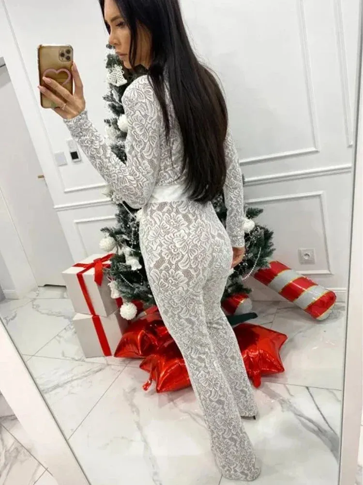 Wenkouban-Black Friday Christmas Party Outfits  Sexy See Through Double Layer Lace Women Jumpsuit Black Long Sleeve Round Neck Playsuit Female Skinny Party Club Outfit