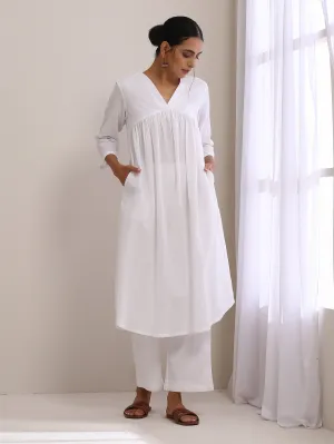 White Dobby Flared Slit Kurta Pant Set