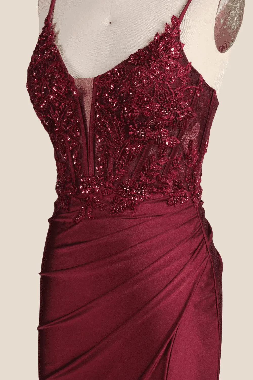 Wine Red Appliques Ruched Long Dress with Slit