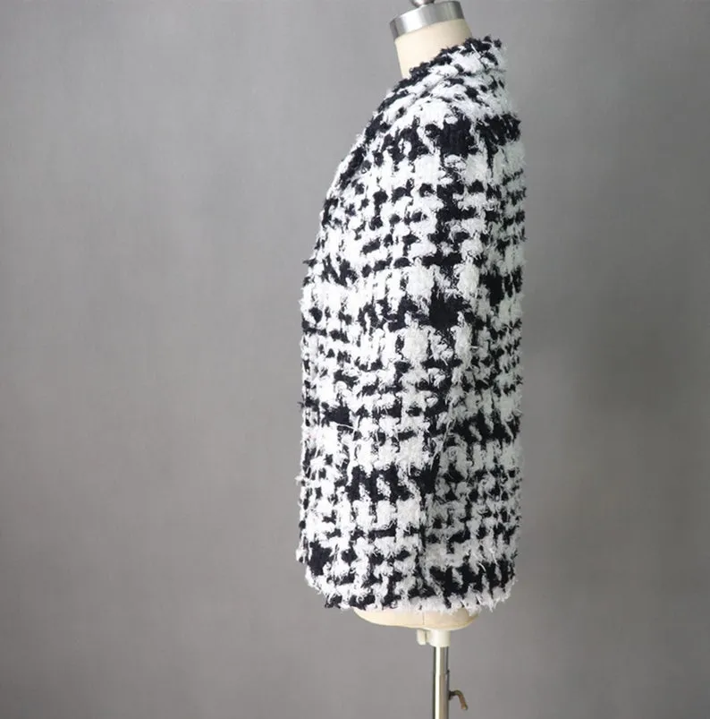 Women Black and White Checked Tweed Winter Coat -Tailor Made