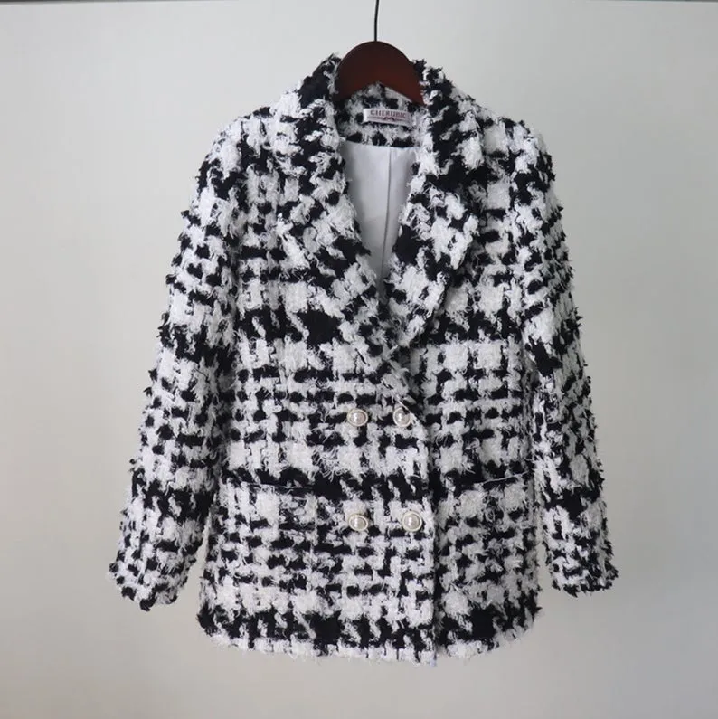 Women Black and White Checked Tweed Winter Coat -Tailor Made