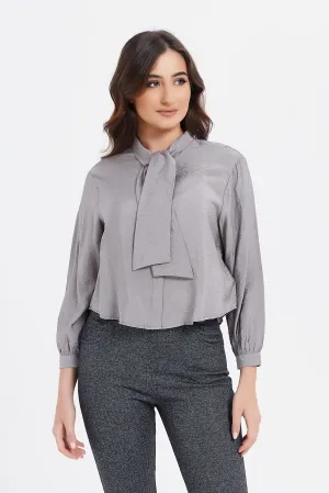 Women Charcoal Tie Neck Top